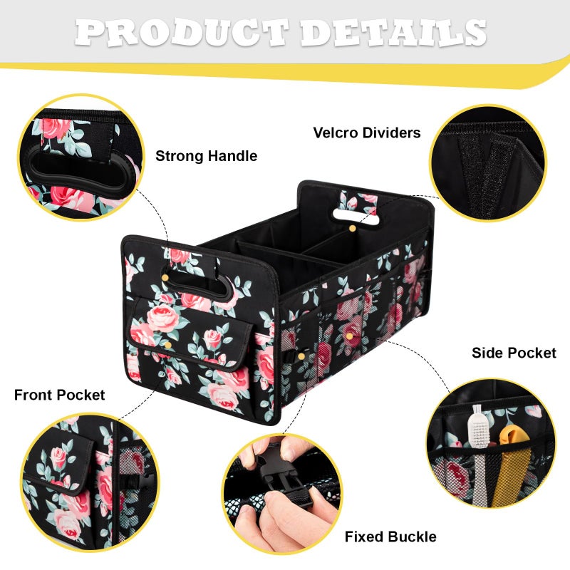 JiatuA Car Trunk Organizers and Storage Collapsible Multi Compartment Container Box, Adjustable Car Accessories for SUV Sedan Truck, Standard Size, Black Floral - Image 3